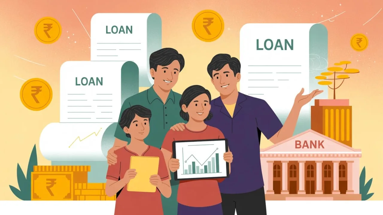 “A professional blog header design showing an Indian family, a student, and a young entrepreneur surrounded by financial icons like rupee coins, loan documents, and bank buildings, symbolizing personal loan schemes in India 2025.”